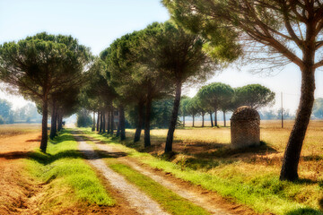 Tuscan Landscape with cypress and olive trees and city of Montepulciano in background, Chianti, Tuscany, Italy