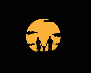 vector silhouette of a father mother and son walking towards the sunset in the afternoon