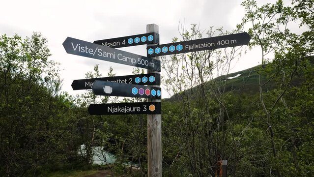 Directions hiking sign board at Aurora camp Uddenvagen Kurravaara 