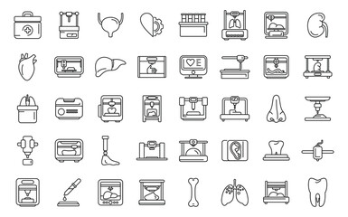 Bioprinting icons set outline vector. Anatomy bioprinter. Bone cell