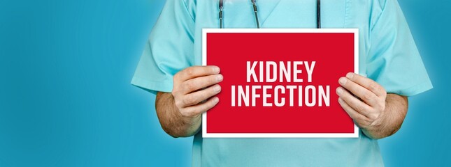 Kidney infection. Doctor shows red sign with medical word on it. Blue background.