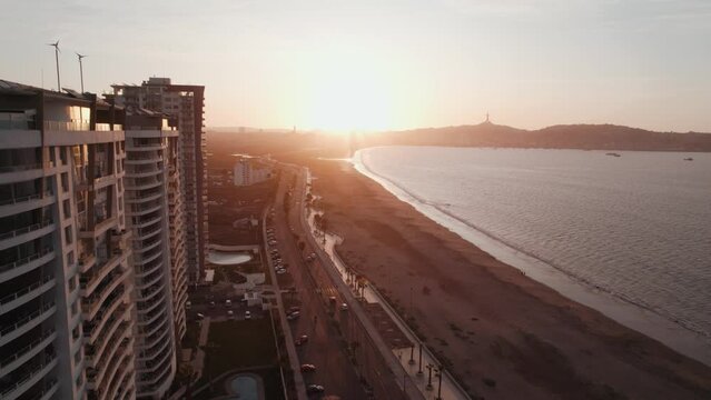 High-Rise Buildings In The City Of La Serena During Sunset In Coquimbo Region, Chile, South America. Aerial Drone Shot