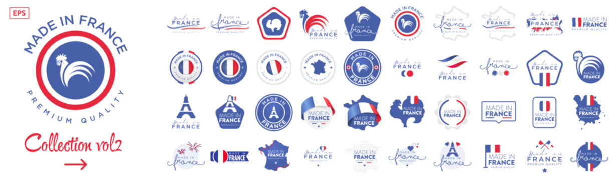 Collection of badge logotype "Made in France" with ribbon and flag on white background, For art template design, page, mockup brochure style, banner, idea, cover, booklet, print, flyer, book, card
