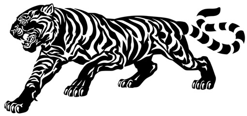 Fototapeta na wymiar tiger stripe silhouette. Aggressive big cat. Side view. Isolated vector illustration