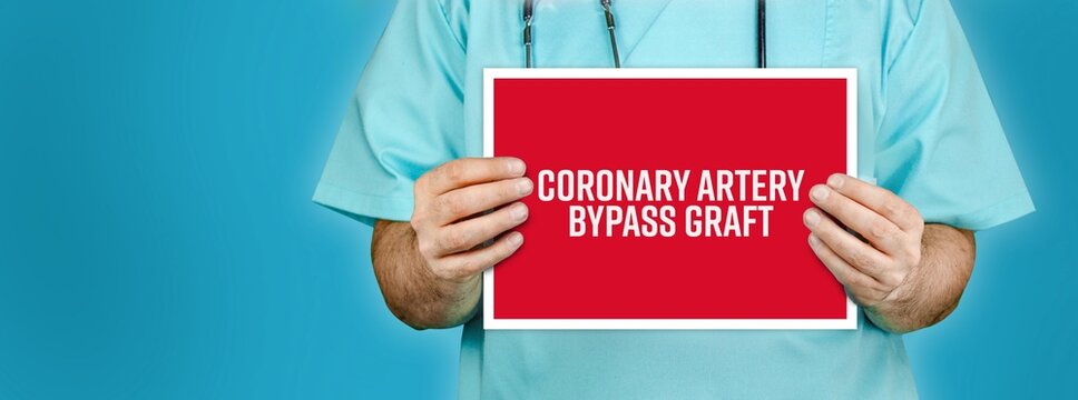 Coronary artery bypass graft (CABG). Doctor shows red sign with medical word on it. Blue background.