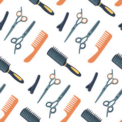 Seamless pattern of hairdressing accessories. Hairbrush, scissors, barrette. Professional tools for barbershop. Hand drawn flat vector illustration isolated on white background. Modern cartoon style.