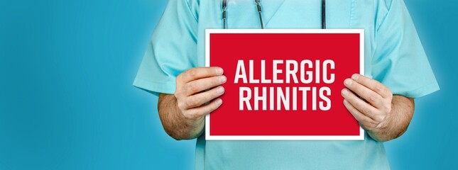 Allergic rhinitis. Doctor shows red sign with medical word on it. Blue background.