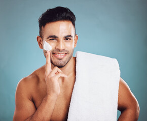 Beauty, shaving and cream portrait of man happy with preparation for grooming, cleaning and facial...