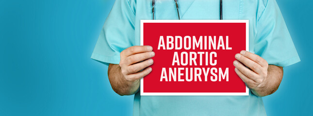 Abdominal aortic aneurysm (AAA). Doctor shows red sign with medical word on it. Blue background.