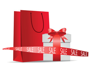 red gift bag andbox. The concept of a special offer of discounts, sales, shopping. Shopping for new year, christmas, women's day, valentine's day, birthday, illustration for advertising, flyers