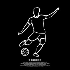 Line drawing footballer isolated on black background. Vector illustration