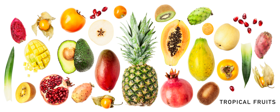 Different tropical fruits set. PNG with transparent background. Flat lay. Without shadow. Design element. - Powered by Adobe