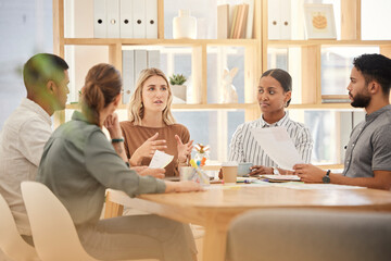 Planning, coaching and strategy with business people in meeting for development, project management...