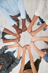 Team building, fist and hands in support of motivation circle by colleagues show community, trust...