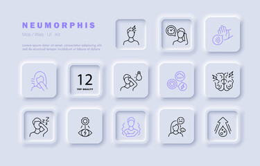 Bad feeling set icon. Headache, migraine, photosensitivity, bad mood, anesthesia, drowsiness, dehydration, weather dependence, chills, cough, rest. Healthcare concept. Neomorphism style