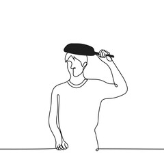 man stands with a frying pan over his head - one line drawing vector. the concept is bad at cooking, protect your head