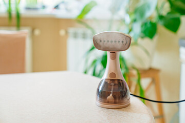 Working portable hand steamer for clothes. steam for ironing clothes.