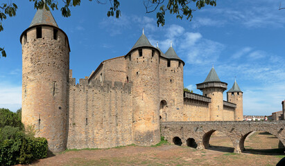 Fototapeta na wymiar Comtal castle in the medieval Cité de Carcassonne, the largest fortified town in Europe, France