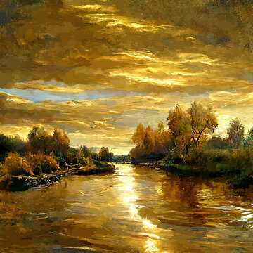 Golden autumn sunset landscape, premium quality nature digital art

