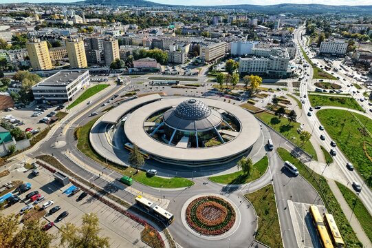 a flying saucer-shaped bus station in Kielce