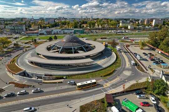 a flying saucer-shaped bus station in Kielce