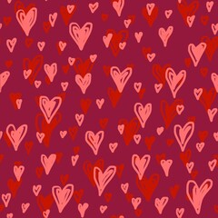 Fototapeta na wymiar Valentines day,Mothers Day hand drawn doodle seamless pattern in red.Marker drawn different heart shapes silhouettes.Sweet love texture for postcards,wrapping paper,textiles,decorative prints