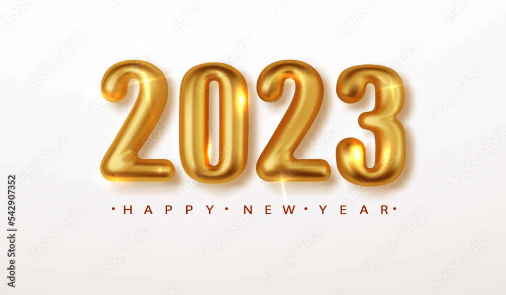 Wall mural 2023 golden realistic digits of the date of new year. happy new year banner with realistic vector re