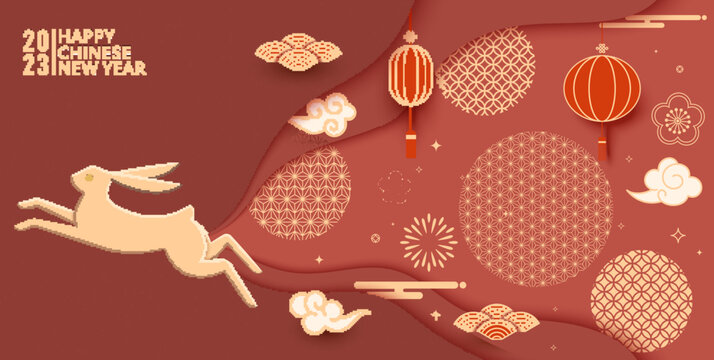 Year of the Rabbit vector illustration with red lanterns and traditional Chinese texture pattern
