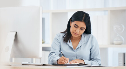 Business woman writing notes, schedule and planning ideas, meeting administration and research in notebook at office desk. Employee, receptionist and strategy reminder, calendar or agenda information