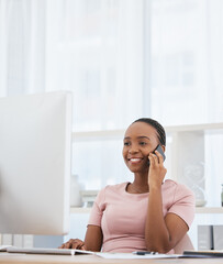 Black woman, phone call and computer in business office networking, financial sales deal or b2b...