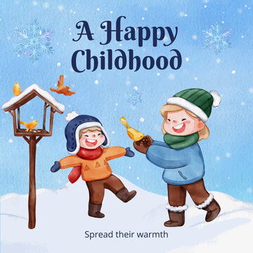 Instgram Post Template With Children Enjoy Winter Concept, Watercolor Style