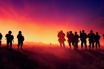 Fototapeta na wymiar US army special forces in beautiful sunset. 3d illustration