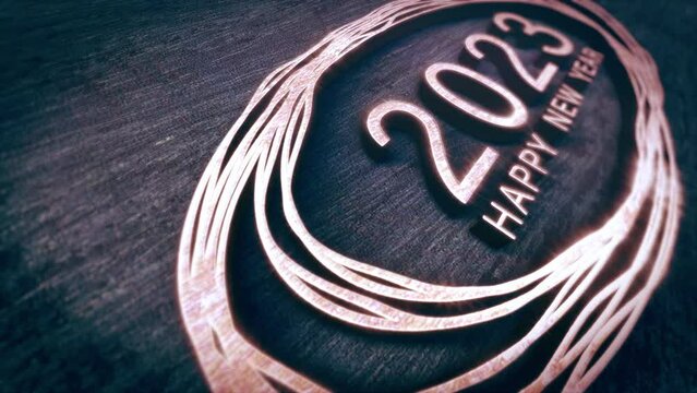 3D animation of 2023 Happy New Year glittering gold chrome text on wood texture cinematic title. Ending cover for end scence trailer winter snow, Christmas and New year event background