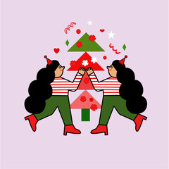 the girls are happy on christmas,.here are christmas trees, star, heart. 