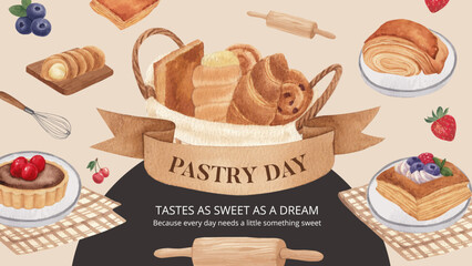 Blog banner template with pastry day concept, watercolor style