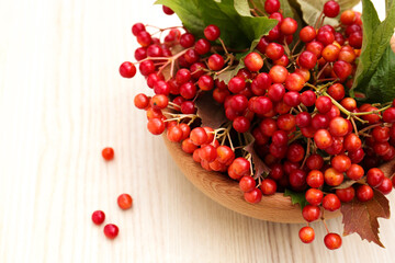 Bowl with tasty viburnum berries on white wooden table, above view