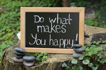 Chalkboard with phrase Do What Makes You Happy on stump outdoors