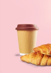 Coffee paper cup with fresh tasty croissant