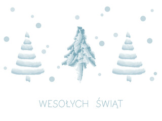 Minimalistic winter greeting card with watercolor New Year Trees and hand lettering Happy Holidays in Polish Wesolych Swiat. Vector Illustration great for winter posters, banners and greetings.  - obrazy, fototapety, plakaty