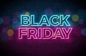 Black Friday Sale Illustration with Glowing Neon Light Lettering on Dark Brick Wall Background. Vector New Year and Christmas Design Template for Greeting Card, Flyer, Banner, Celebration Poster or