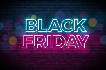 Obraz premium Black Friday Sale Illustration with Glowing Neon Light Lettering on Dark Brick Wall Background. Vector New Year and Christmas Design Template for Greeting Card, Flyer, Banner, Celebration Poster or