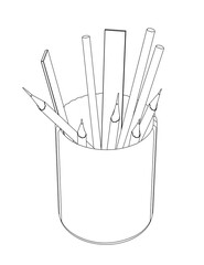 Contour of pencils and rulers in a glass from black lines isolated on a white background. Isometric view. 3D. Vector illustration.