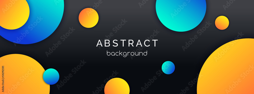 Wall mural abstract long vector banner with colorful gradient circles. dark background for facebook cover, web 