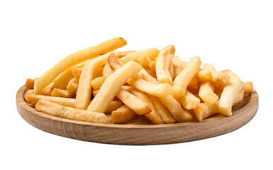 Wooden plate of delicious french fries on white background