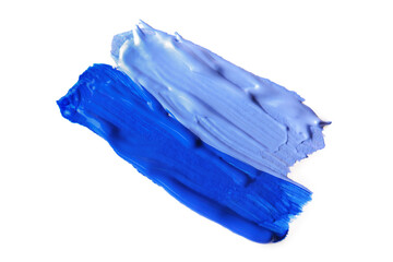 Samples of blue paint on white background, top view