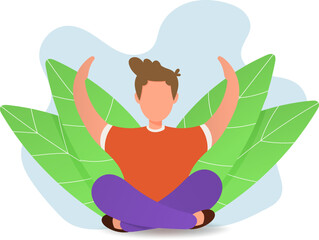 Obraz premium The guy sits with his legs crossed and his hands up. Vector flat style illustration. Yoga classes, peace of mind.