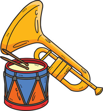 Mardi Gras Trumpet, Drum Cartoon Colored Clipart