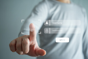 Cyber security concept. protection of privacy personal data. information security and encryption, fingerprint scan and biometric authentication to connect username and password for unlock system.