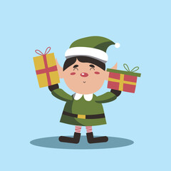 Cute christmas elf holding gifts . Happy childish xmas dwarf demonstrate holiday poster. Flat vector cartoon illustration of joyous santa helper isolated on blue EPS