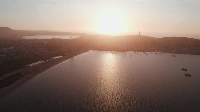 Panoramic View Of Coquimbo Region Backlit Bright Sunlit During Dusk In Chile, South America. Aerial Wide Shot